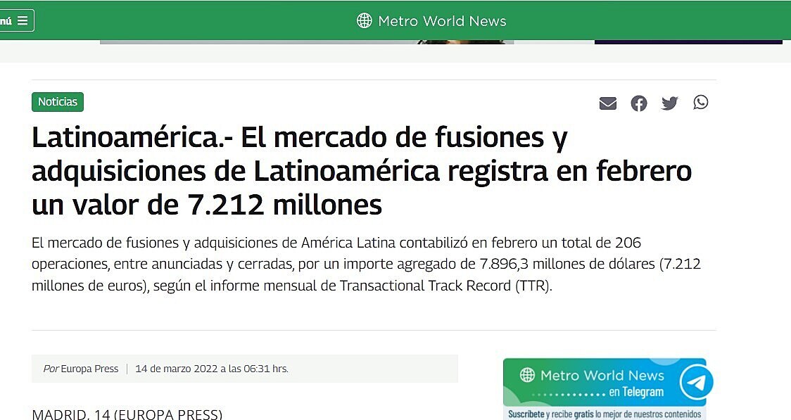El mercado de fusiones y adquisiciones de Latinoamérica registra en febrero un valor de 7.212 millones